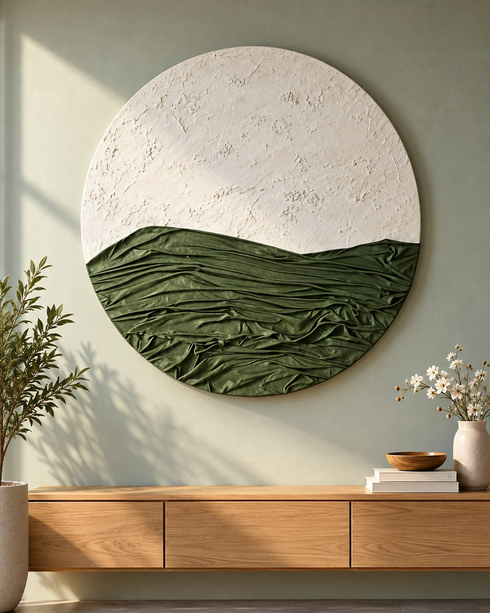 Olive Horizon Round Fabric Wall Art