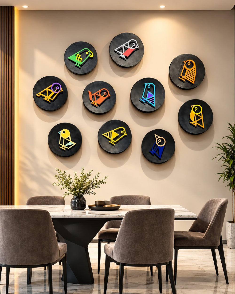 Colourful Perch Geometric Bird Wall Art – Set of 10